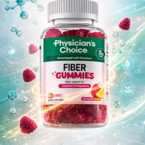 Frasco de 60 gomitas de fibra sabor frambuesa y limón, con 5g de fibra, diseño frontal en verde y blanco sobre fondo brillante azulado y frambuesas.