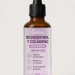 Frasco ámbar de gotero con etiqueta violeta y blanca de gotas de resveratrol y colágeno de 30 mililitros.