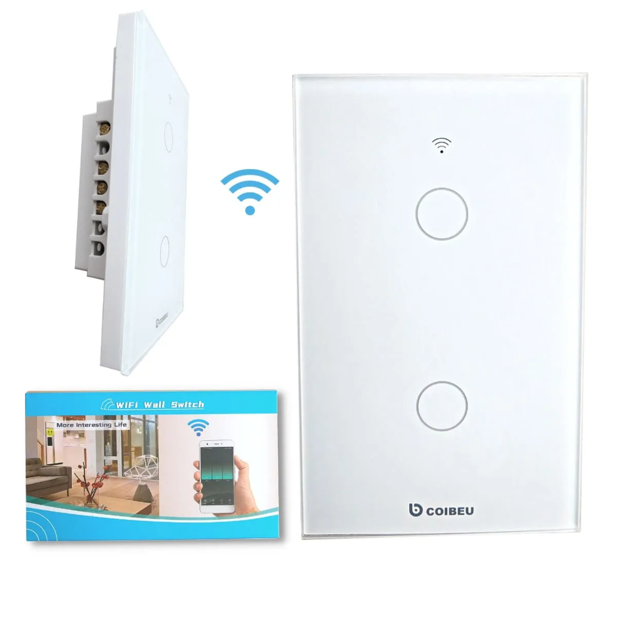 Interruptor táctil inteligente WiFi blanco de vidrio templado con dos botones, vista frontal y lateral, y caja de empaque azul.