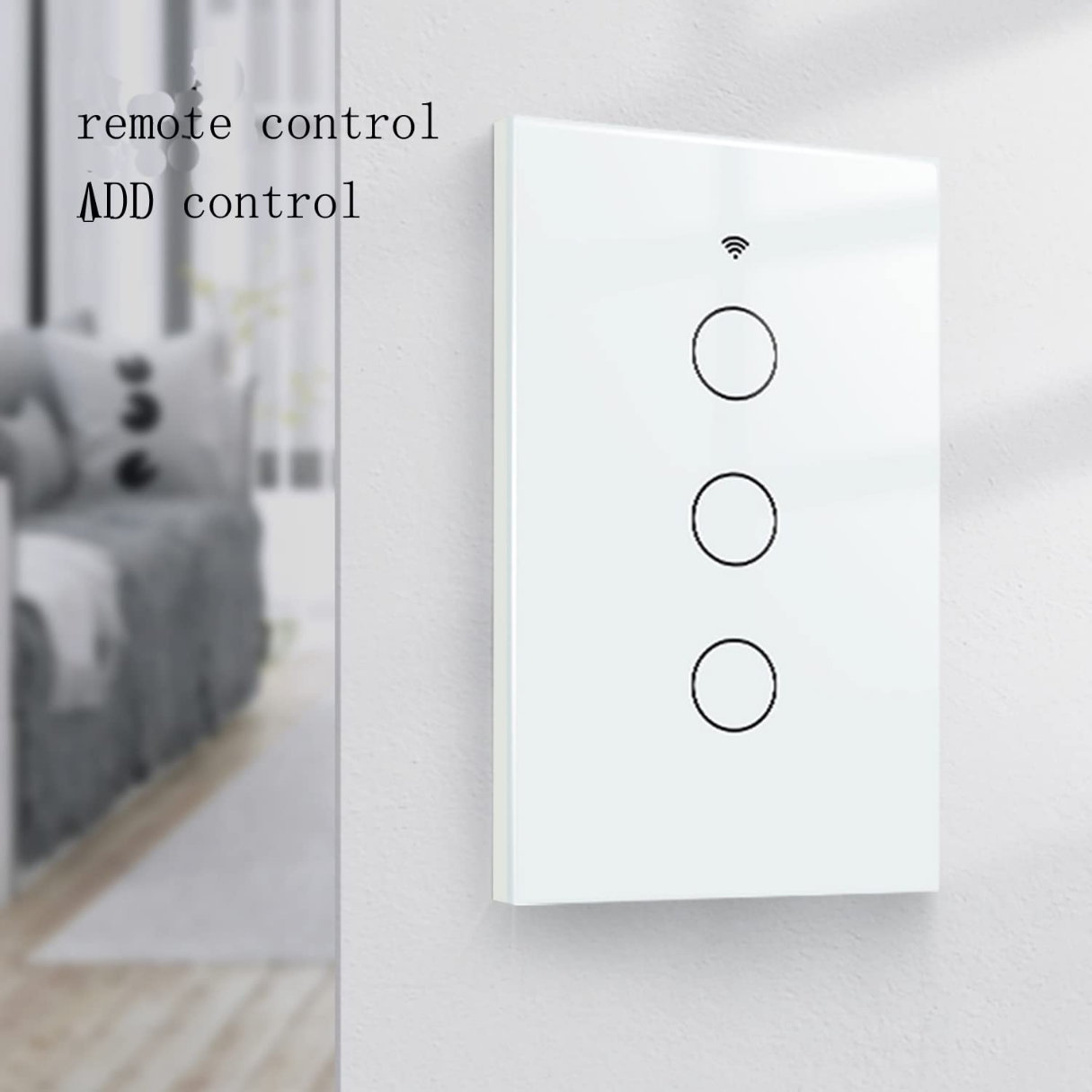 Interruptor inteligente wifi táctil de tres botones blanco en vidrio templado instalado en pared con indicador inalámbrico visible.