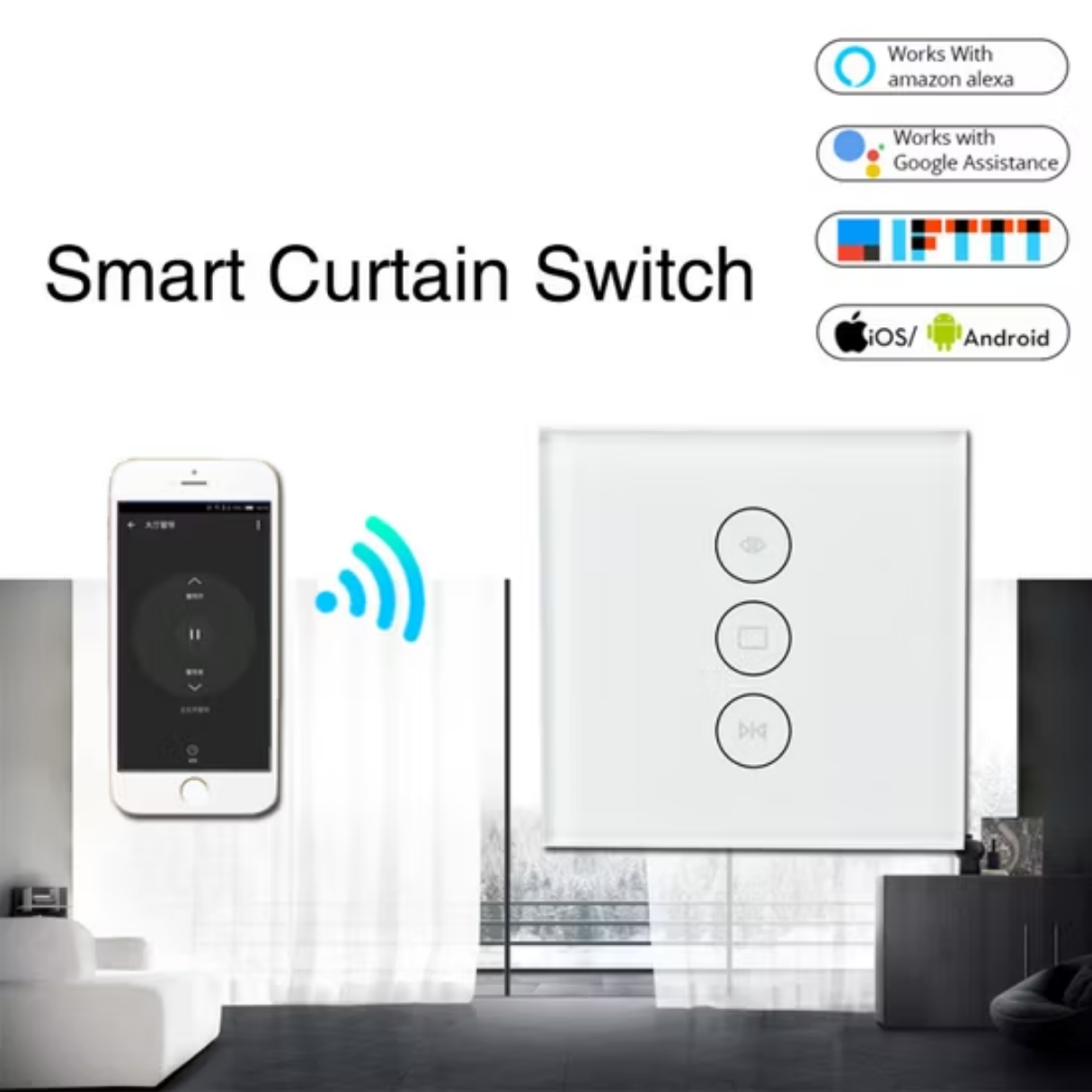 Interruptor inteligente wifi táctil de tres botones blanco con conectividad móvil y de voz