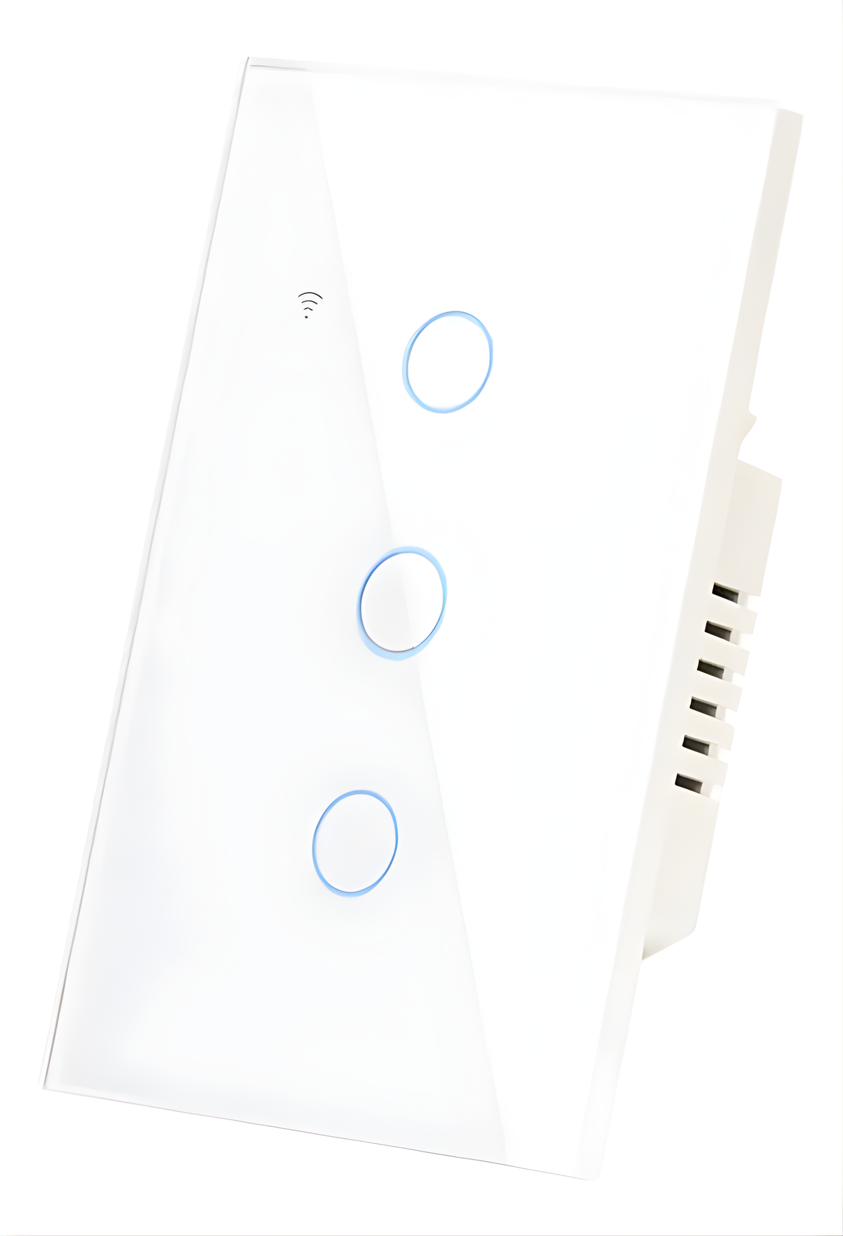 Interruptor inteligente WiFi de tres botones táctiles en vidrio templado blanco visto en perspectiva con luz LED azul en cada botón.