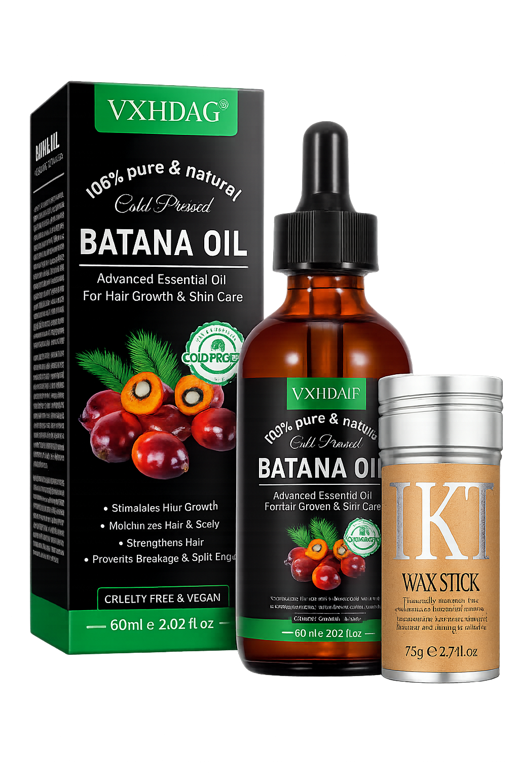 Kit de aceite Batana cold pressed y barra de cera capilar IKT de 75g sobre fondo oscuro.