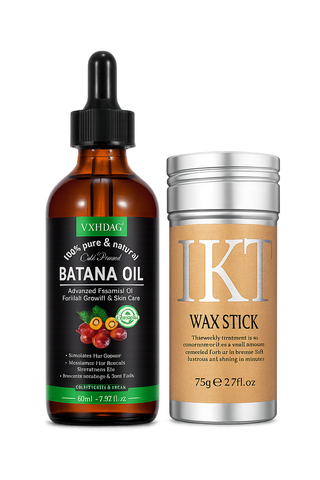 Kit de aceite Batana Oil en frasco ámbar de 60ml con gotero y barra de cera IKT de 75g en envase plateado, para cuidado y control del cabello.