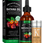 Kit de aceite Batana orgánico de 60 ml en caja y frasco con gotero, junto a barra de cera IKT de 75 g para control de frizz y crecimiento capilar.
