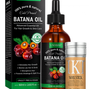 Kit de aceite Batana orgánico de 60 ml en caja y frasco con gotero, junto a barra de cera IKT de 75 g para control de frizz y crecimiento capilar.