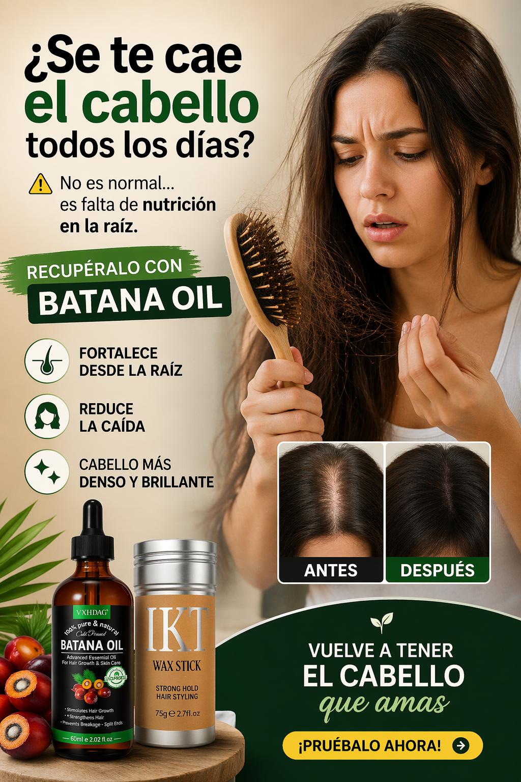 Kit de aceite de batana y cera en barra para fortalecer el cabello y reducir la caída, con botella marrón y envase plateado sobre madera.