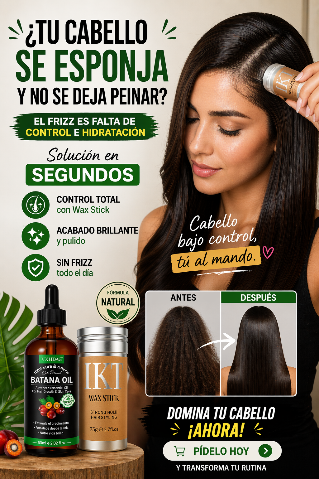 Kit anti-frizz de cera capilar IKT Wax Stick de 75 g y aceite Batana Oil de 60 ml para alisar y controlar el cabello esponjado.