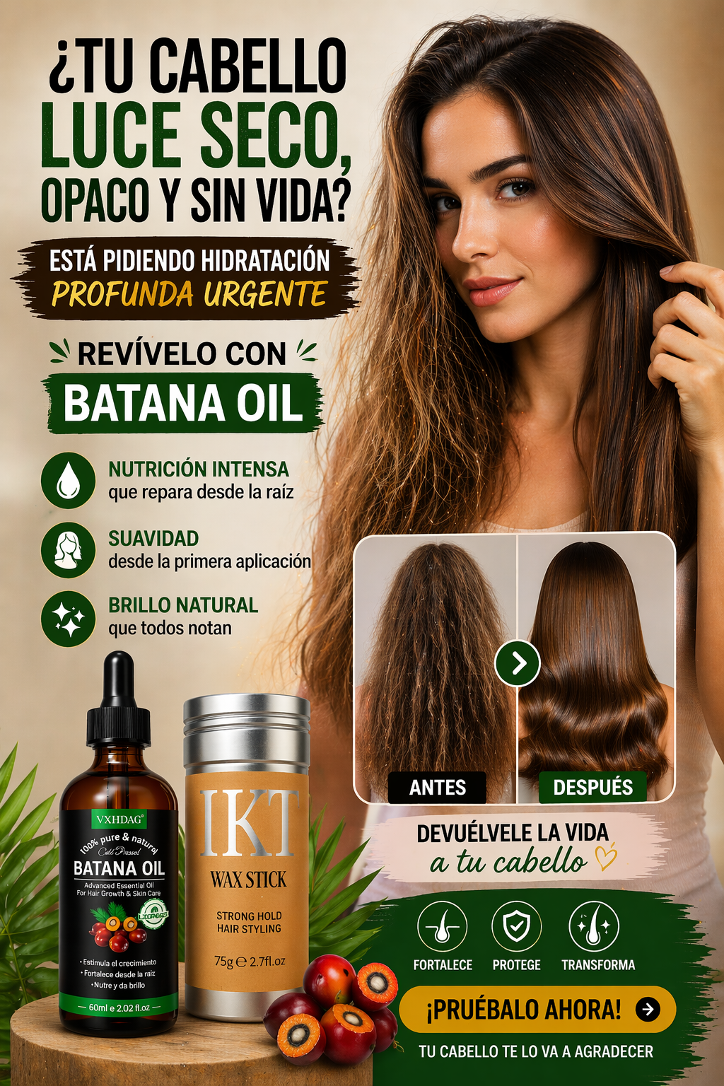 Kit de aceite Batana Oil de 60 ml y cera en barra IKT de 75 g para hidratar y controlar el frizz en cabello seco.