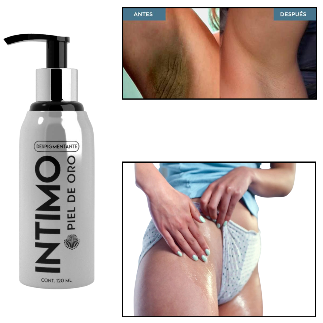 Envase dosificador blanco de 120 ml de despigmentante corporal, acompañado de imágenes de antes y después en axilas y aplicación en zona íntima.