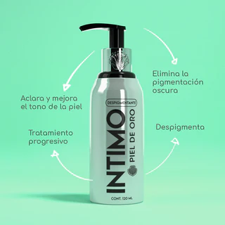 Dispensador blanco de 120 ml de despigmentante Íntimo Piel de Oro con bomba negra, sobre fondo verde claro y flechas con beneficios.