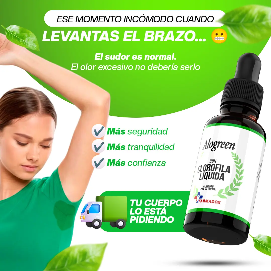 Clorofila líquida Alogreen en botella de vidrio oscura con gotero y etiqueta blanca con detalles verdes, promocionada para neutralizar el sudor corporal.