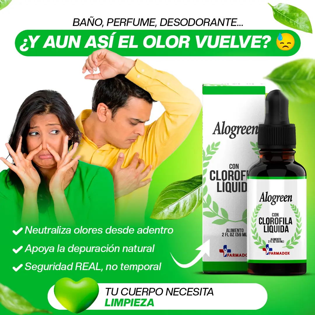 Clorofila líquida Alogreen en botella de vidrio ámbar con gotero y caja, junto a una mujer tapándose la nariz y un hombre oliendo su axila.