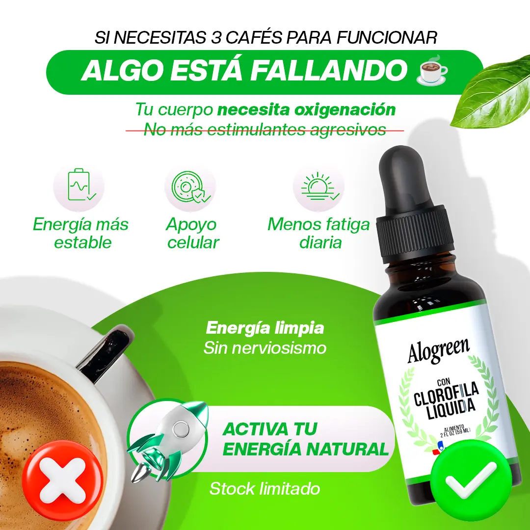 Frasco gotero de clorofila líquida junto a una taza de café, con textos promocionales sobre energía natural y bienestar diario.