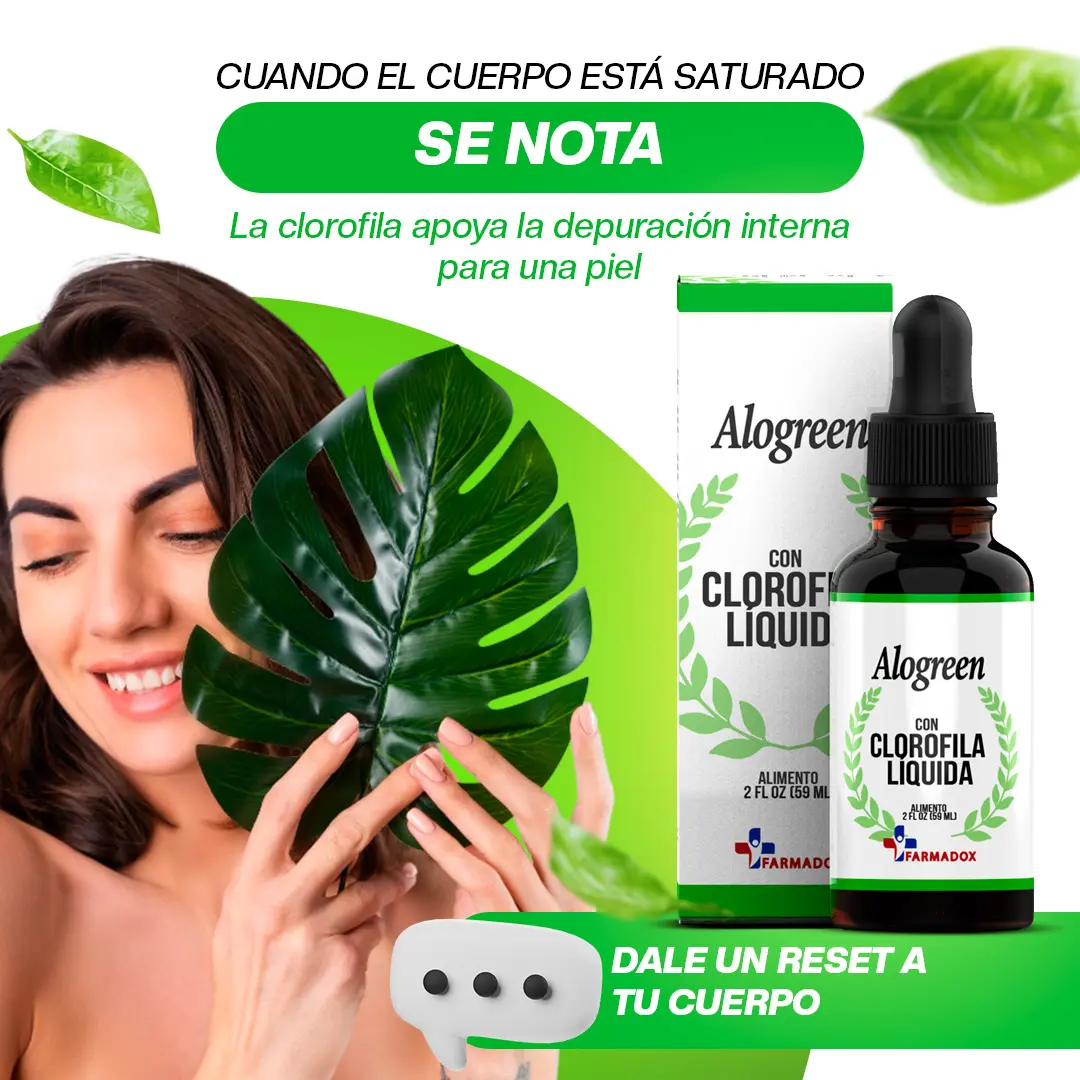 Mujer sonriendo sostiene una hoja verde junto al envase de clorofila líquida en gotas Alogreen y su caja blanca con detalles verdes