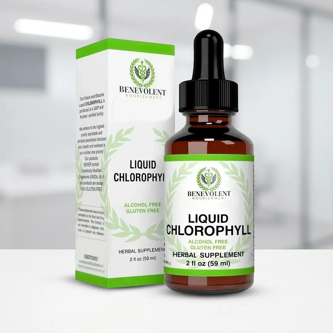 Frasco de vidrio ámbar con gotero negro de clorofila líquida de 2 fl oz junto a su caja blanca y verde con detalles de hojas.
