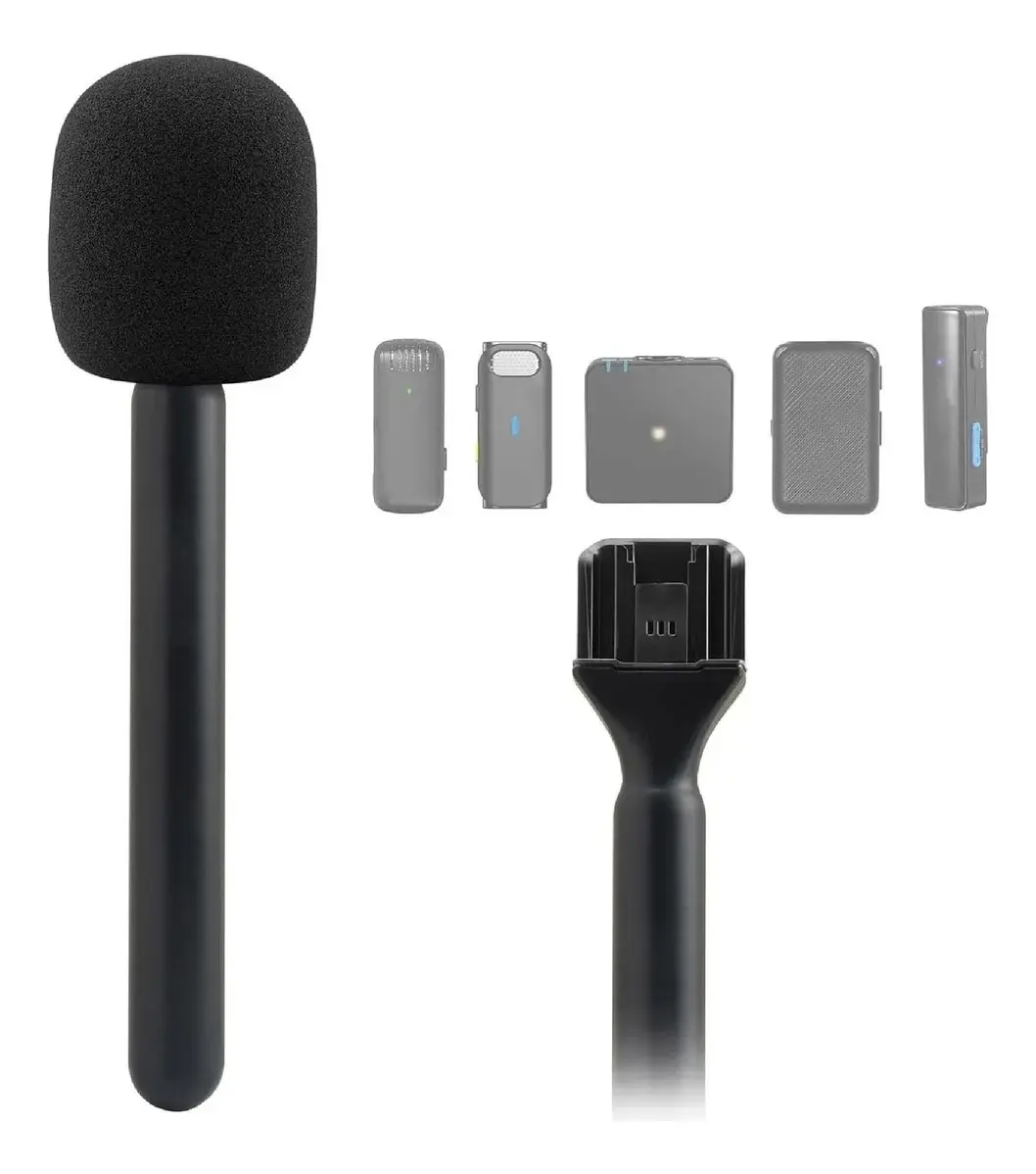 Adaptador de mano con espuma antiviento negra y cinco transmisores inalámbricos de diversos modelos para uso profesional en entrevistas.