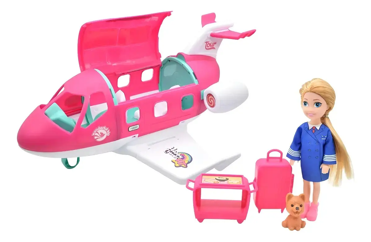 Avioneta de juguete rosa con techo abierto, muñeca piloto rubia, maleta, carrito de servicio y perrito marrón.