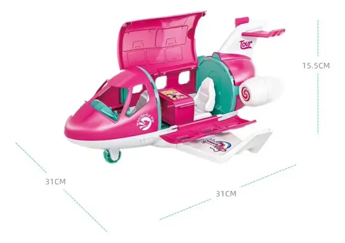 Avioneta de juguete rosa y blanca con interior detallado, asientos, accesorios y compuertas abiertas, mide 31 cm de largo por 15.5 cm de alto