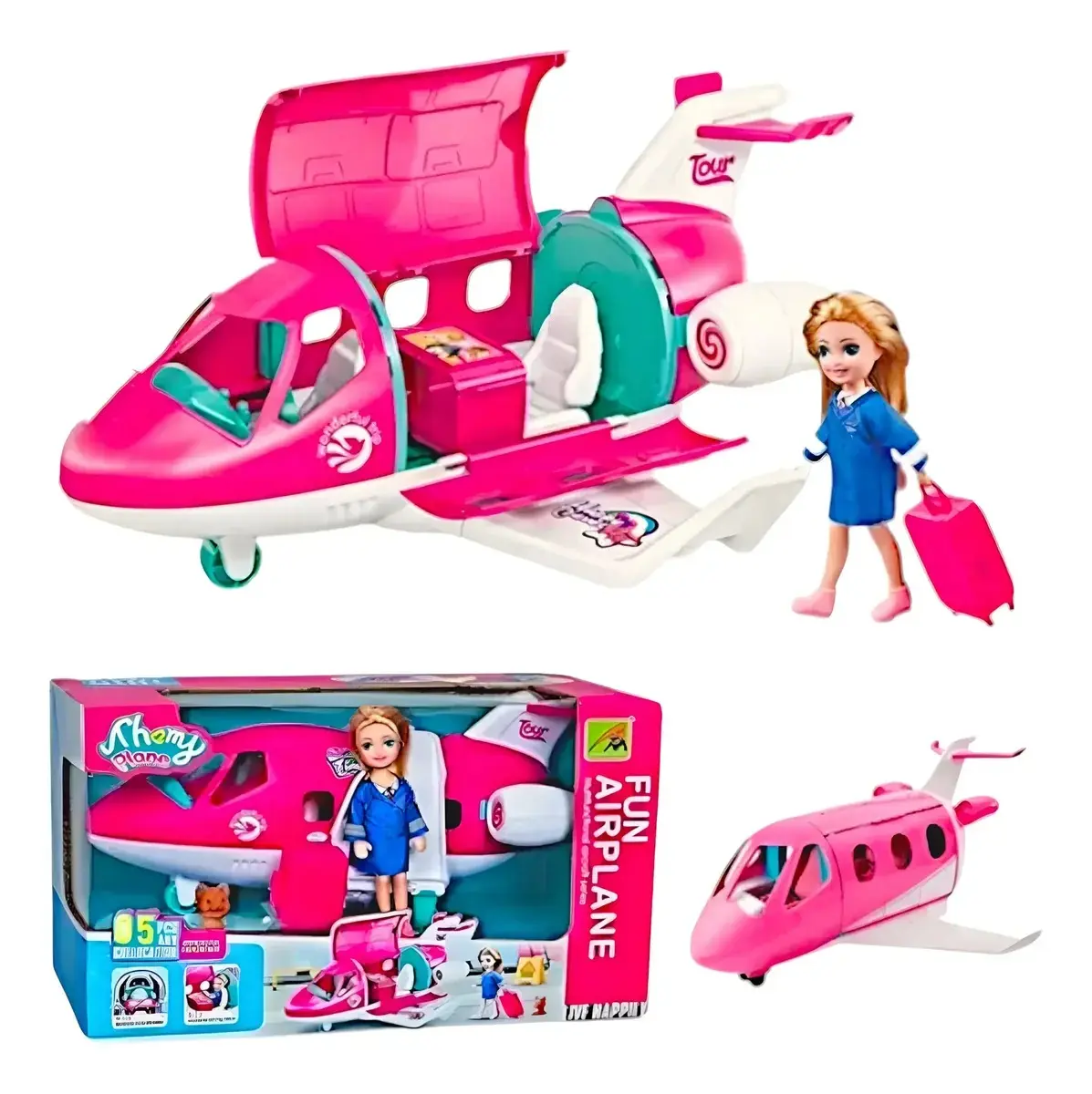 Avioneta de juguete rosa y blanca con muñeca de traje azul y maleta. Muestra el avión abierto, cerrado y su empaque.