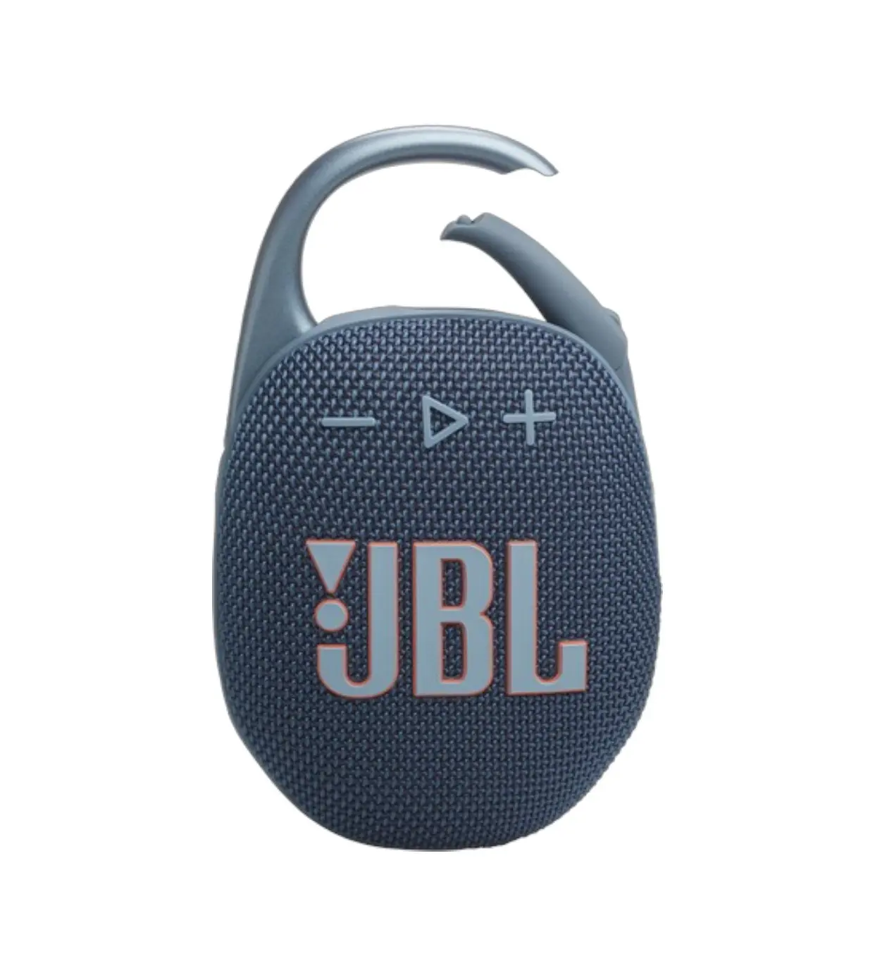 Parlante JBL Clip 5 color azul con acabado en malla textil, diseño compacto, botones de control integrados y mosquetón metálico superior para sujeción.