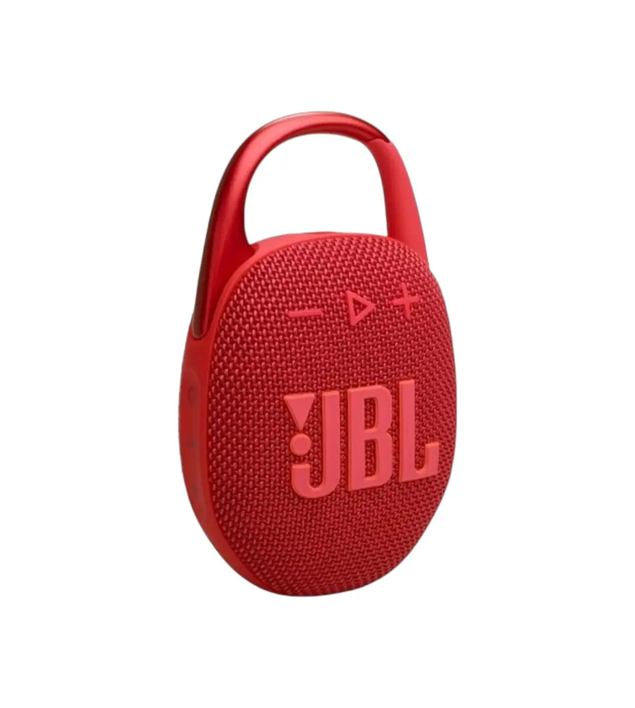 Parlante JBL Clip 5 color rojo con acabado en malla textil, diseño ovalado y mosquetón integrado en la parte superior para sujeción.