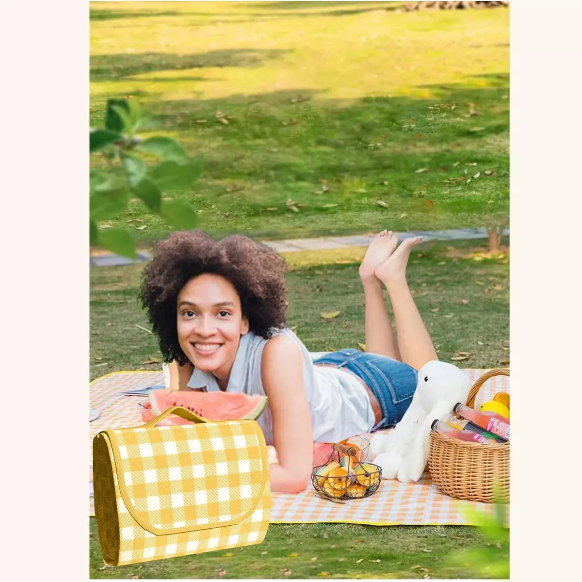 Alfombra de picnic amarilla a cuadros blancos con asa, impermeable y resistente, plegable en forma de bolso, ideal para exteriores