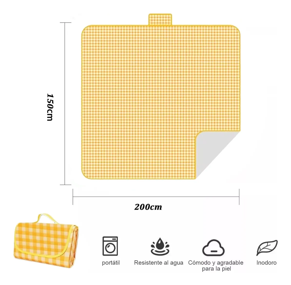 Tapete de picnic amarillo a cuadros con dimensiones de 150x200 cm, resistente al agua y portátil con asa de transporte.