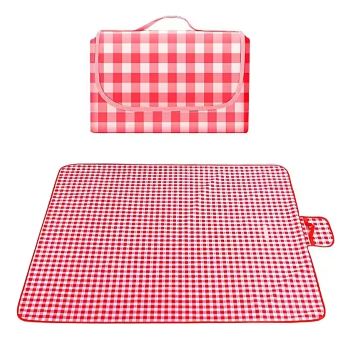 Tapete de picnic rojo a cuadros blancos, impermeable y plegable con manija de transporte, mostrado abierto y guardado.