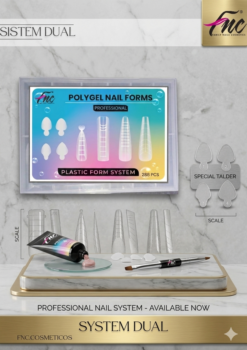 Kit de moldes duales transparentes para uñas en caja, con tubo de poligel, pincel doble y base sobre fondo marmoleado.