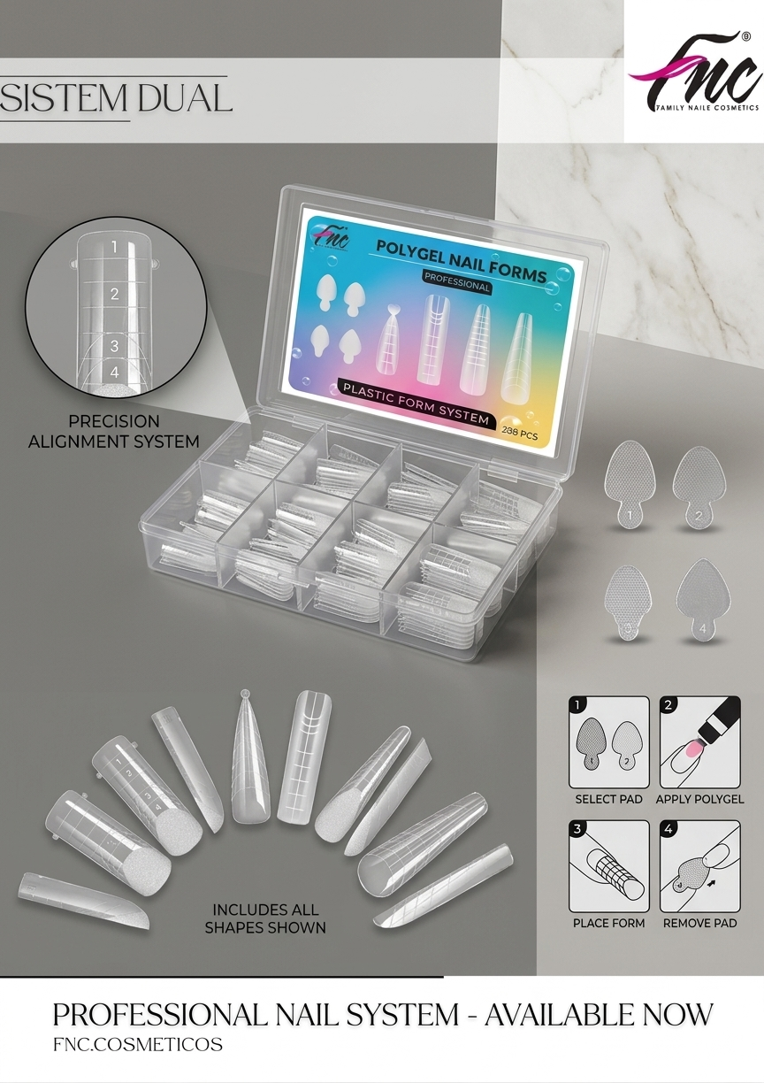 Caja organizadora con moldes duales transparentes de poligel para extensión de uñas, incluye variedad de formas y guía de alineación.