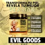 Frasco de vidrio ámbar con tapa dorada de bálsamo corporal de sebo y miel, etiqueta dorada con estilo retro y cuatro beneficios clave a la derecha.