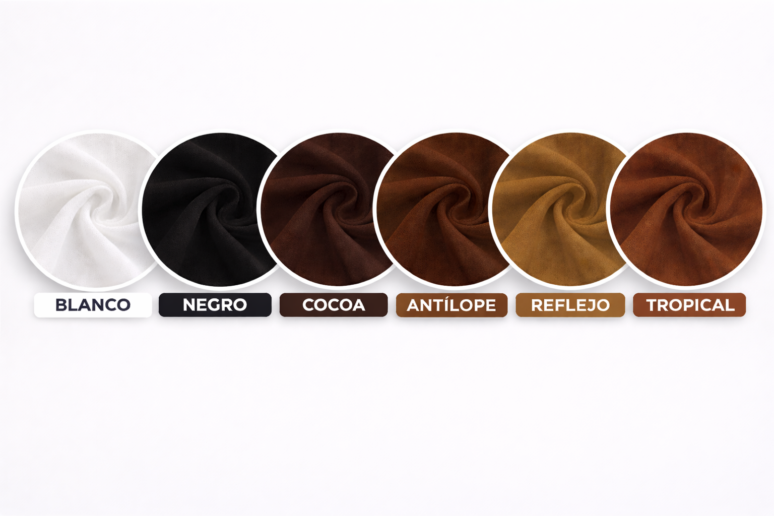 Muestrario de colores para medias veladas pantalón: blanco, negro, cocoa, antílope, reflejo y tropical con textura sedosa y acabado mate.