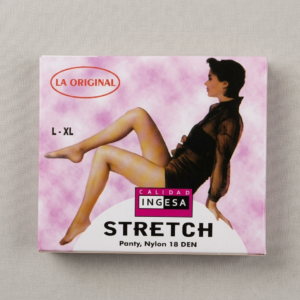Empaque de medias veladas pantalón Ingesa Stretch, nylon 18 den, talla L-XL, con diseño de mujer sobre fondo rosado.