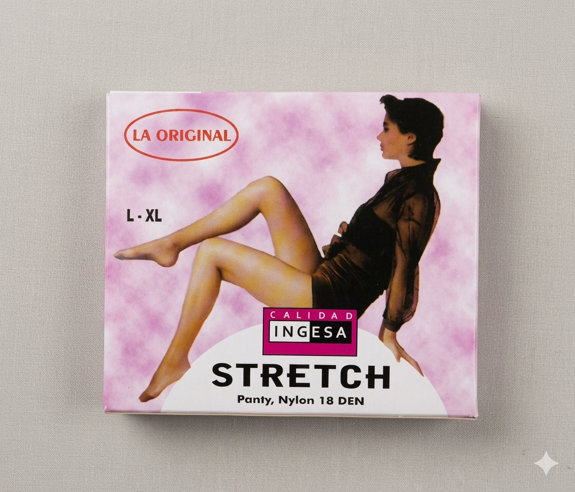 Empaque de medias veladas pantalón Ingesa Stretch, nylon 18 den, talla L-XL, con diseño de mujer sobre fondo rosado.