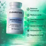 Frasco blanco de suplemento Clearstem con 90 cápsulas, sobre fondo verde brillante con beneficios de balance hormonal y reducción de acné.