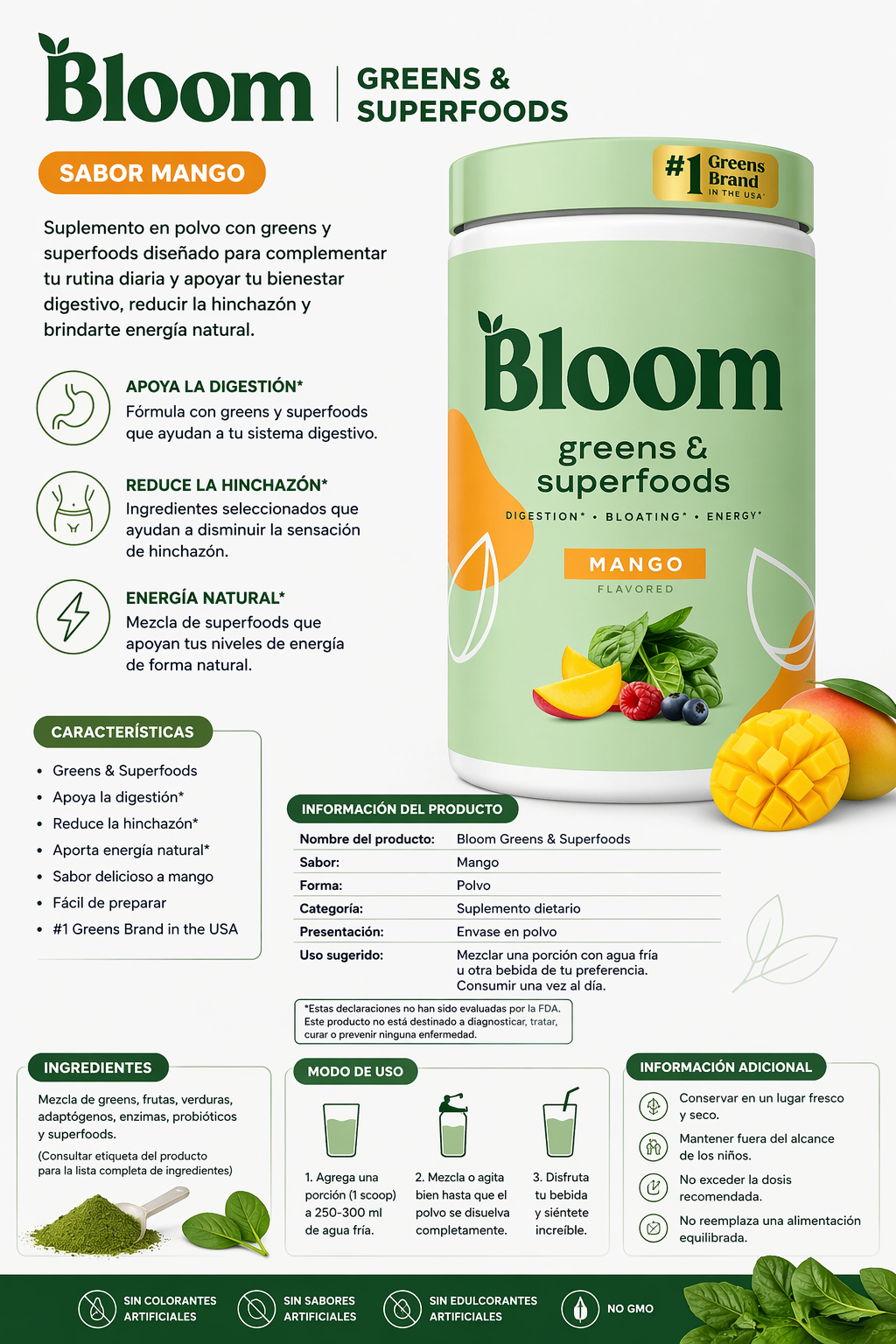 Suplemento en polvo Bloom Greens and Superfoods sabor mango para digestión y reducir hinchazón, tarro verde con rodajas de mango y hojas.