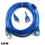 Set de tres cables extensores USB 2.0 de 1.5 metros, color azul trenzado, con conectores tipo A y filtro de interferencias.