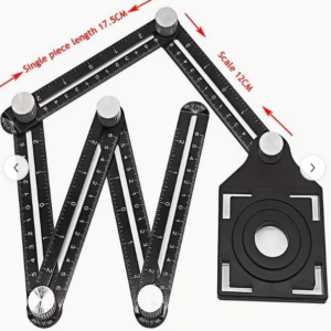 Regla articulada negra de seis pliegues metálicos con perillas de ajuste plateadas, escalas métricas legibles y accesorio base con plantilla perforada.