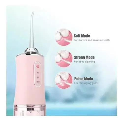 Irrigador bucal recargable color rosa con boquilla delgada y tres modos de limpieza ilustrados en círculos.