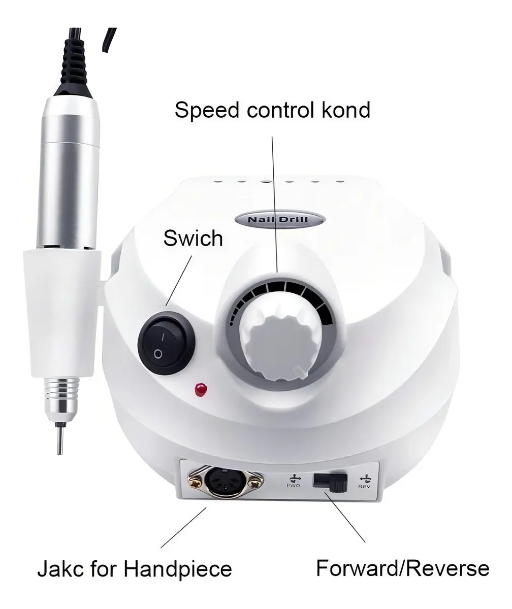 Torno pulidor de uñas eléctrico profesional color blanco con unidad de control, perilla de velocidad, interruptor, selector de giro y pieza de mano metálica conectada.