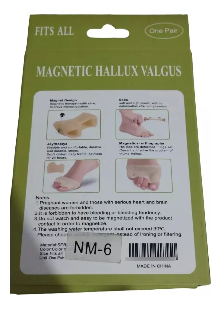 Caja verde de corrector de juanetes de silicona color piel con imán, talla única, incluye un par y detalles de uso en la parte posterior.