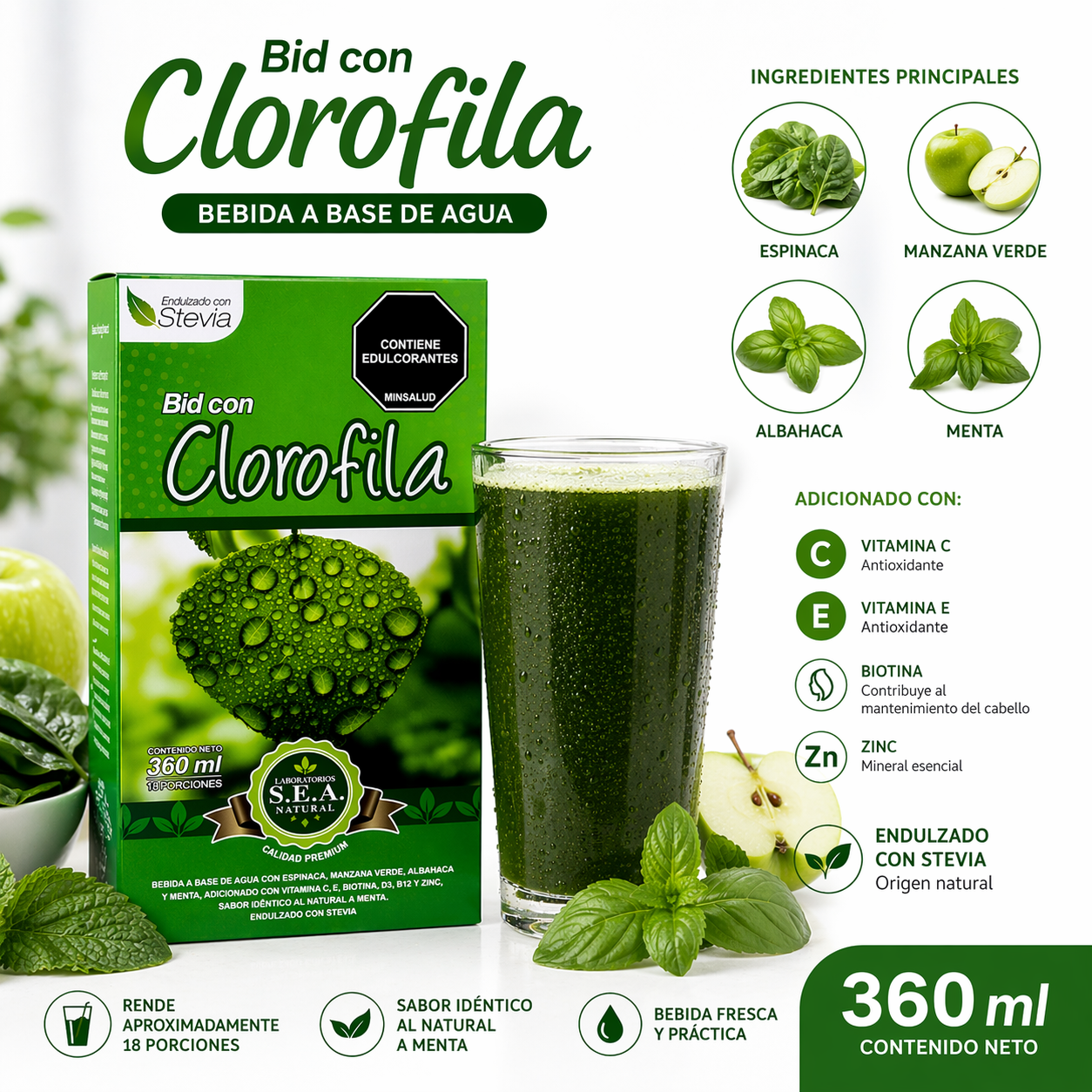 Bebida con clorofila de 360 ml en caja verde con vaso de jugo verde, espinaca, manzana, menta y albahaca. Endulzada con stevia y vitaminas.