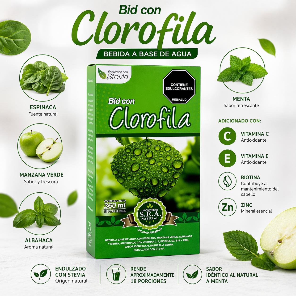 Caja verde de bebida con clorofila de 360 ml, acompañada de espinaca, manzana verde, albahaca y menta sobre fondo blanco.