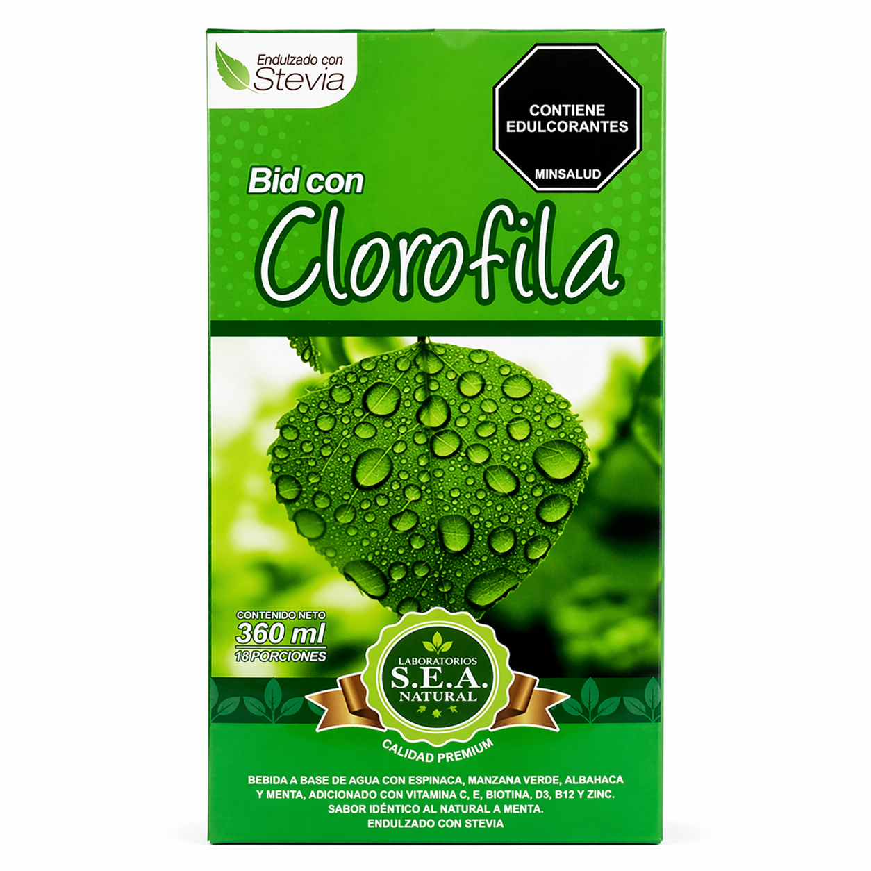 Envase verde de 360 ml de bebida con clorofila, adornado con una hoja brillante con gotas de agua y etiquetado con información de ingredientes y vitaminas.