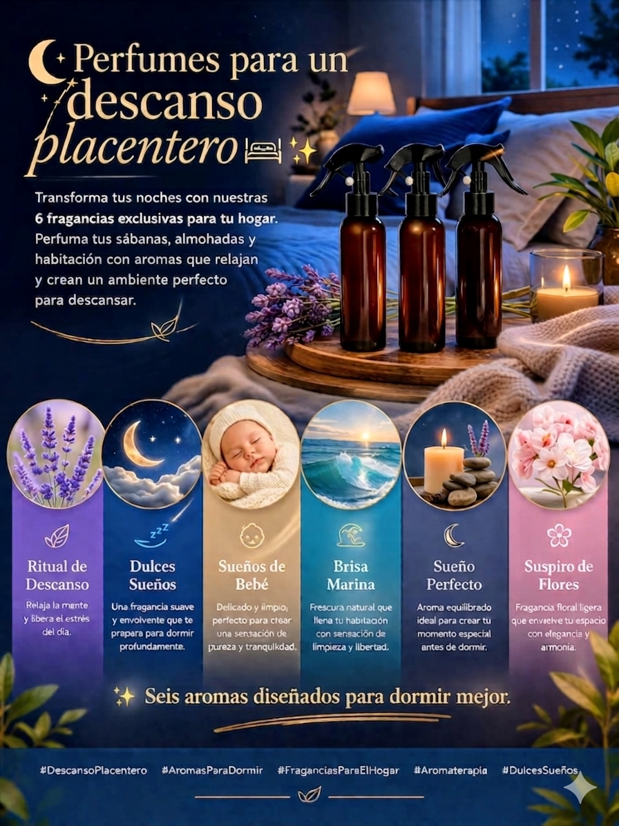 Set de fragancias relajantes para sábanas en botellas ámbar con spray, sobre bandeja de madera con velas, flores y ambiente nocturno.