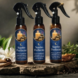 Set de tres botellas spray ámbar con atomizador negro de fragancia relajante, sobre piedra rústica y hojas verdes.