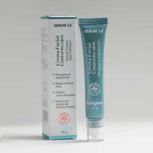 Crema facial de colágeno para contorno de ojos Serum 10 en tubo de 20 g con aplicador y su caja de empaque color azul claro sobre fondo gris.