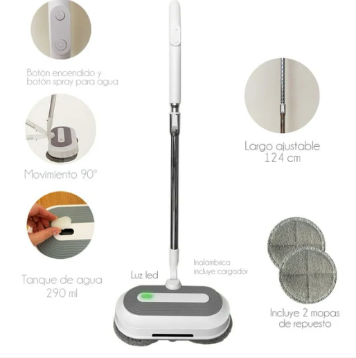 Mopa eléctrica inalámbrica gris y blanca con luz LED frontal, tanque de agua de 290 ml, 124 cm de largo ajustable y dos mopas circulares de repuesto incluidas