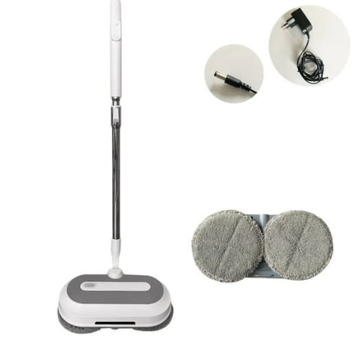 Mopa eléctrica inalámbrica blanca y gris con mango telescópico, dos almohadillas circulares de microfibra y cargador de pared incluido.